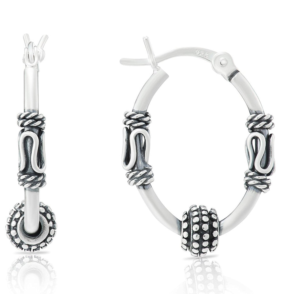 Sterling Silver Small Bali Beaded Oval Hoop Earrings