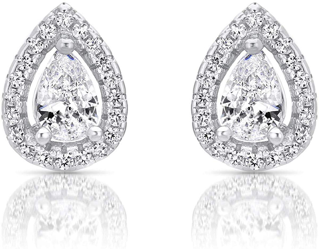 Sterling Silver Cubic Zirconia Pear-shaped CZ Halo Stud Earrings