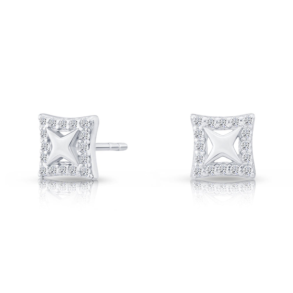 Sterling Silver Star Square Stud Earrings with Cubic Zirconia