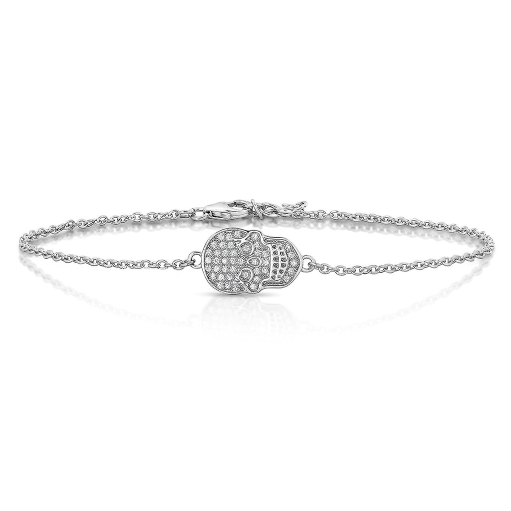Sterling Silver Cubic Zirconia Grinning Skull Head Bracelet, (Adjustable Size 7" to 9")