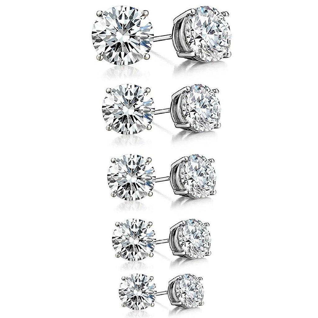 Sterling Silver Round Cubic Zirconia Stud Earrings (5 Pair Set)