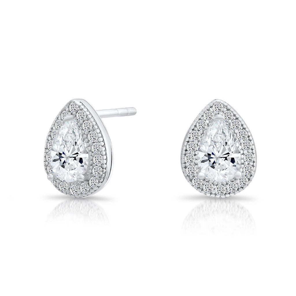 Small Sterling Silver Halo Teardrop Stud Earrings with Cubic Zirconia