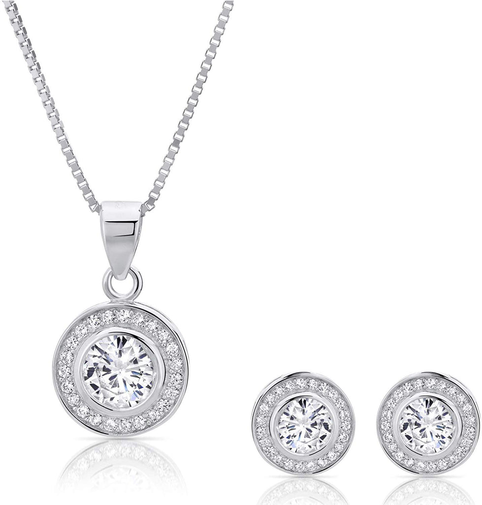 Sterling Silver Cubic Zirconia Halo Necklace and Earrings Jewelry Set