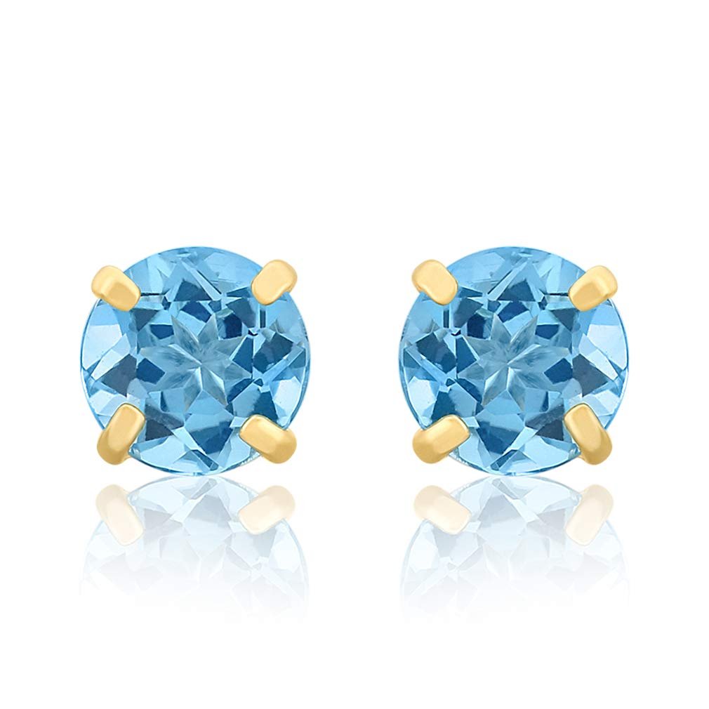 14K Yellow Gold Blue-Topaz Gemstone Birthstone Solitaire Stud Earrings With Friction Backs, (1.20 cttw, 5MM)