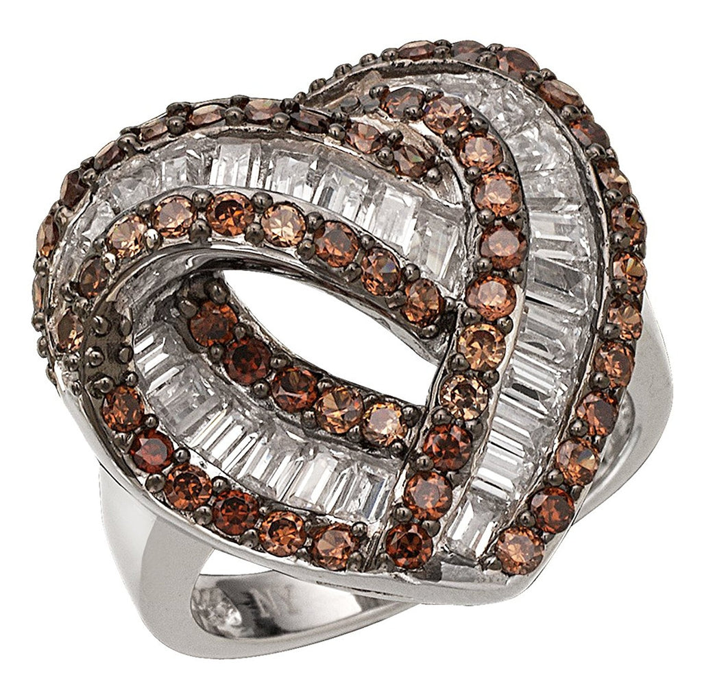 Sterling Silver Chocolate Color and White Cubic Zirconia Heart Shaped Cocktail Ring