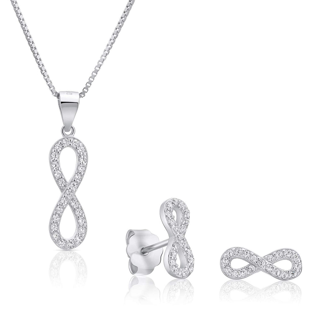 Sterling Silver Cubic Zirconia Infinity Jewelry Set of Necklace and Stud Earrings