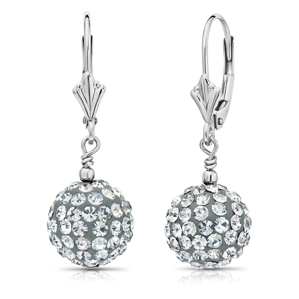 14k White Gold Gray Crystal Ball Drop Earrings