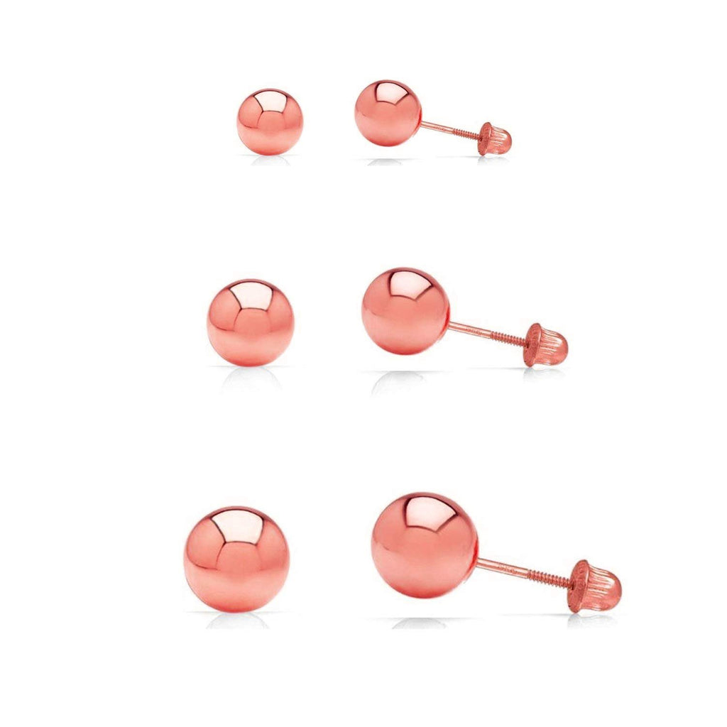 3 Pair Set 14k Gold Ball Stud Earrings 3mm, 4mm, 5mm with Secure Screw-Backs