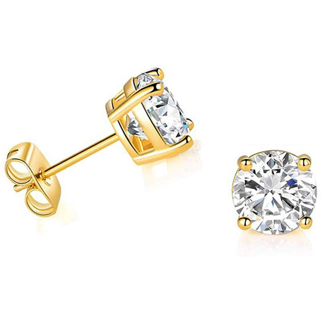 Solid 14k Yellow Gold Solitaire Round Cubic Zirconia Push Backings Stud Earrings