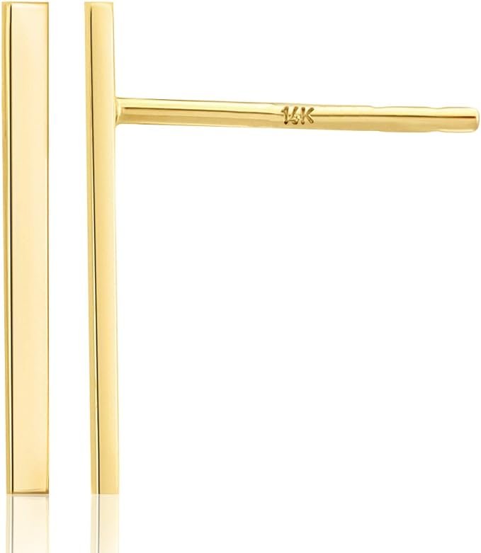 14k Yellow Gold Bar Line Polished Dainty Minimalistic Statement Stud Earrings