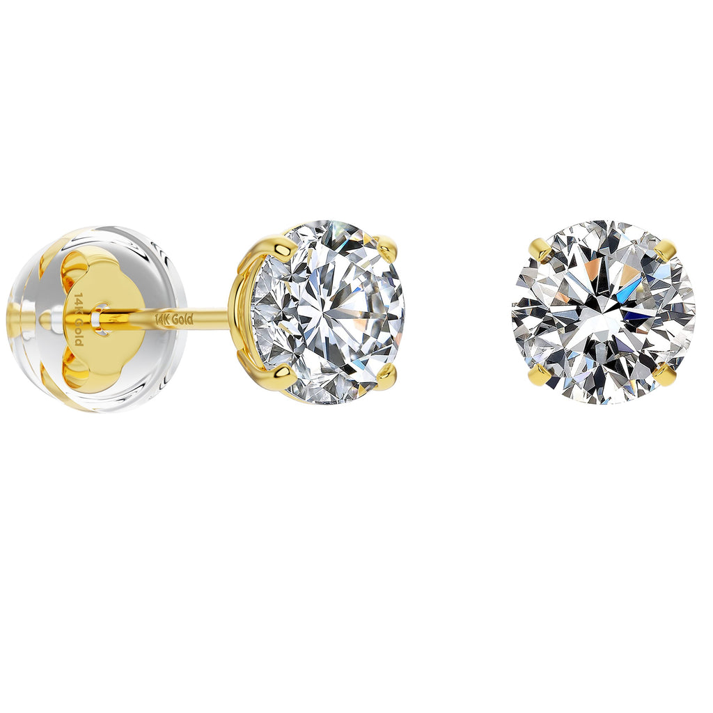 Solid 14k Yellow Gold Solitaire Round Cubic Zirconia CZ Stud Earrings with Gold butterfly Comfort Silicone Push-backings