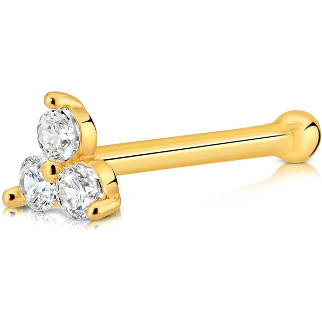 Solid 14K Yellow Gold Miniature Three Dot Stone Cubic Zirconia Lotus Prong Nose Bone Stud