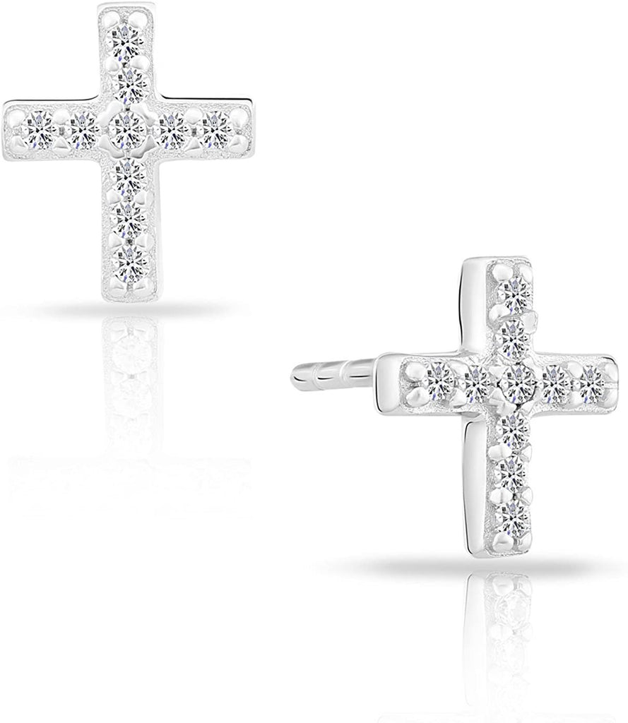 Tiny Sterling Silver Cross Small Stud Earrings with Cubic Zirconia