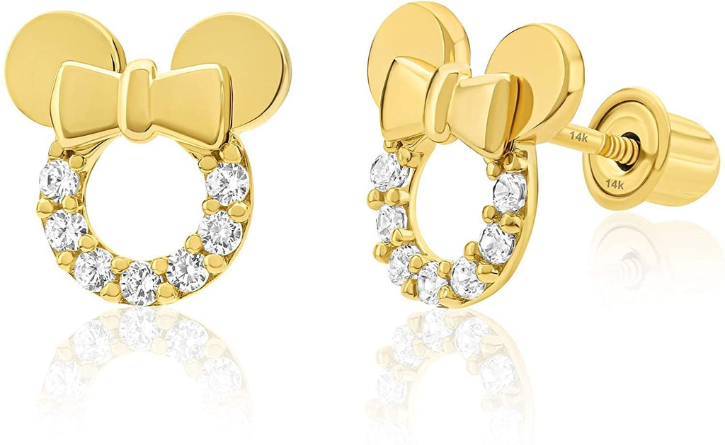 Solid 14k Yellow Gold Small Mouse Cubic Zirconia Stud Earrings with Comfort Screw Backs