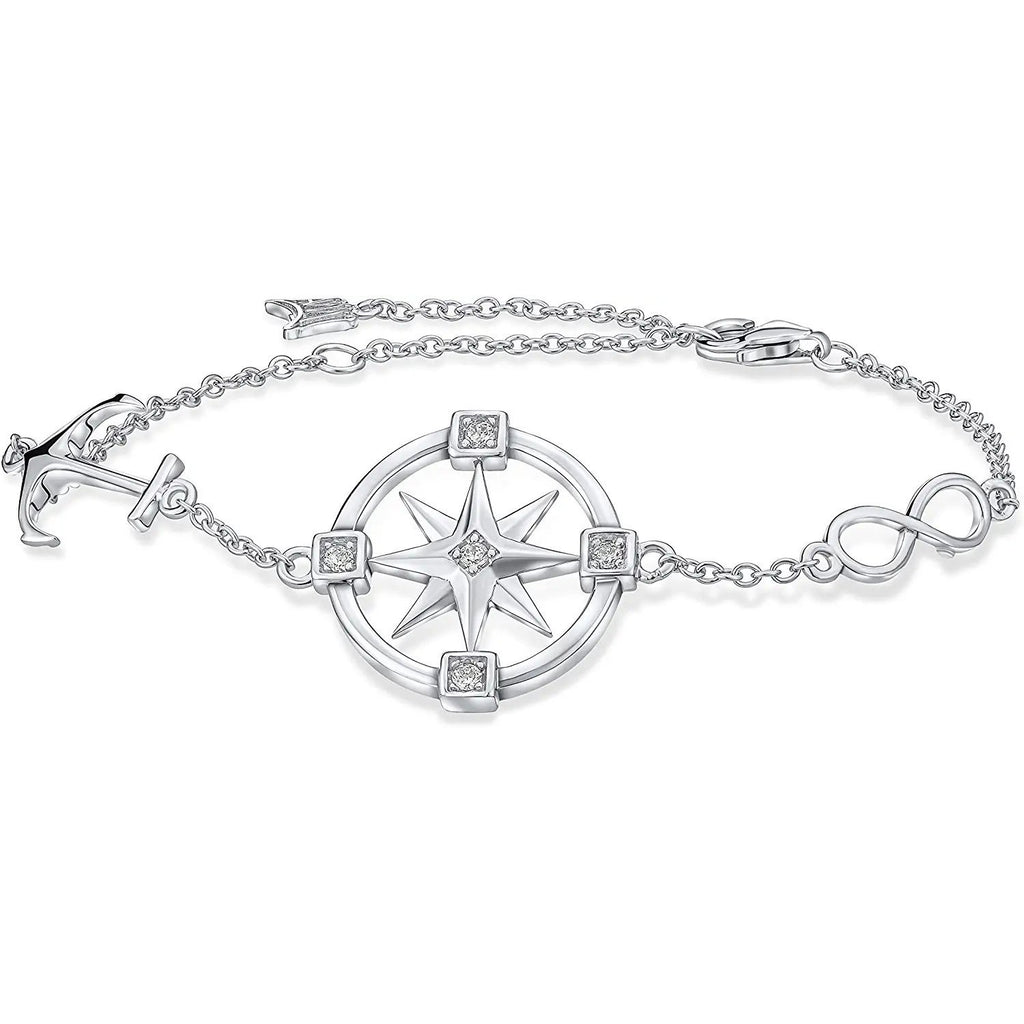 Art and Molly 925 Solid Sterling Silver Compass Rose Charm Bracelet Jewelry for Travel or Graduation Gift
