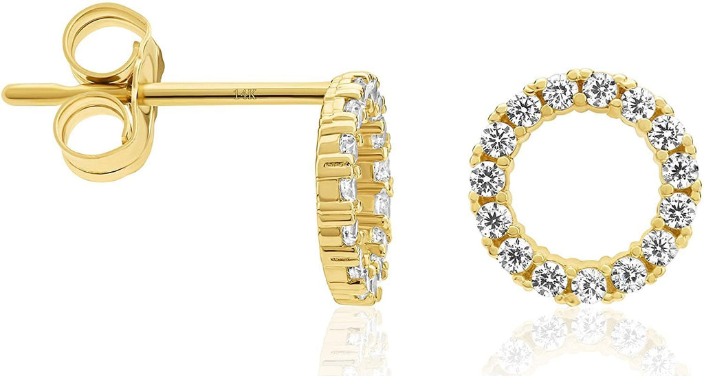 14k Yellow Gold CZ Circle Minimalist Open Halo Stud Earrings, 6.5mm Round Outer Diameter