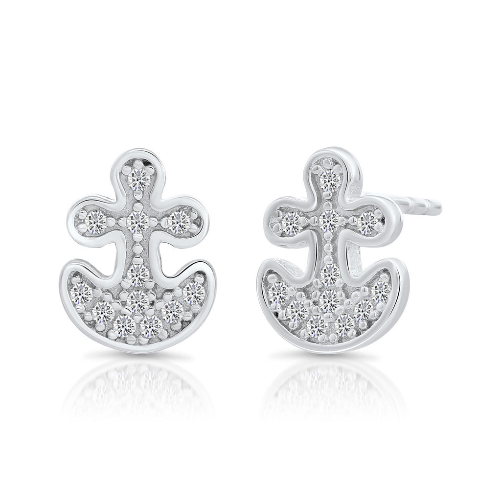 Sterling Silver Anchor Nautical Stud Earrings with Cubic Zirconia