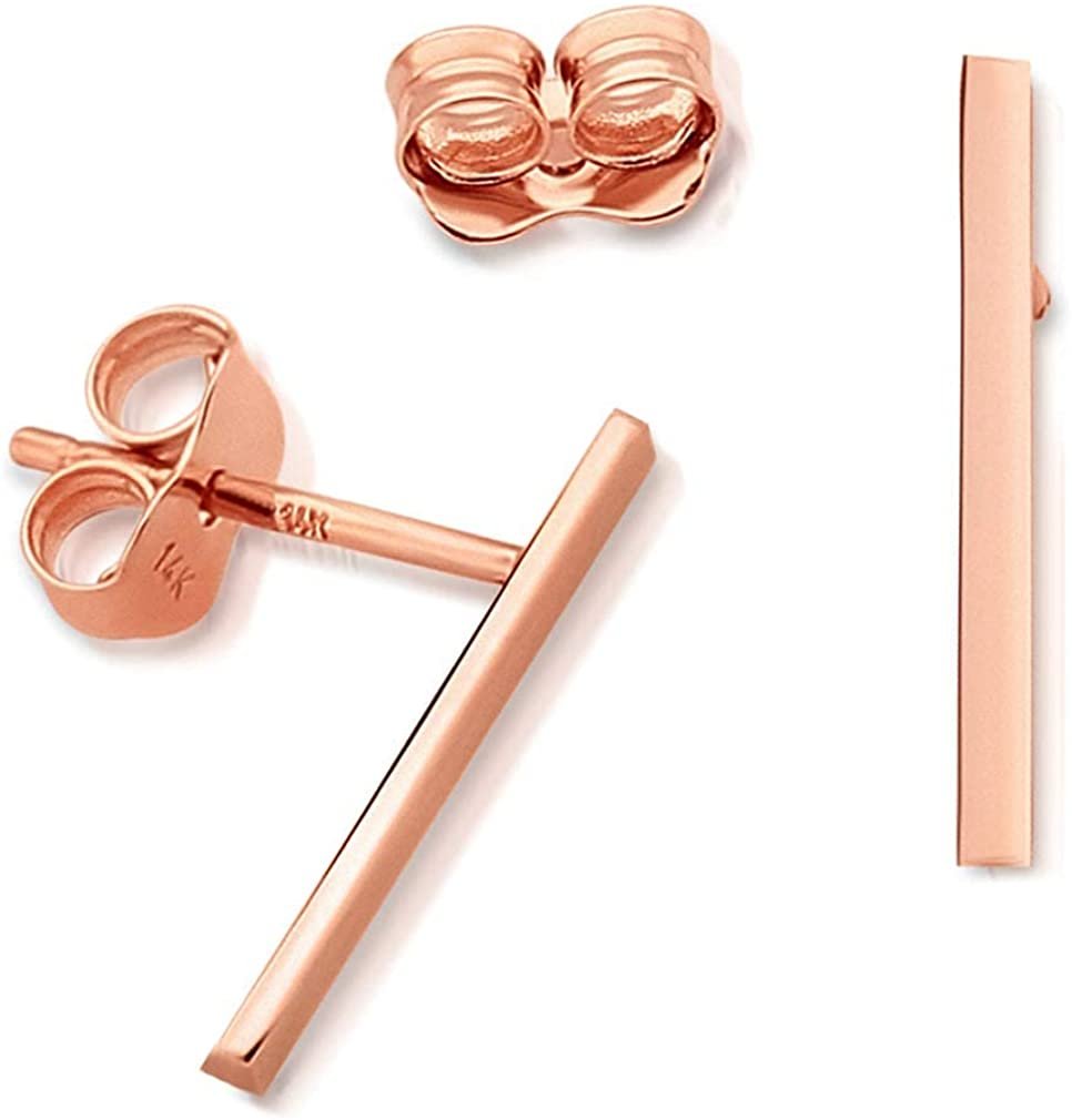 Genuine 14k Rose Gold Polished Stud Bar Line Dainty Trendy Stick Earrings For Women & Girls