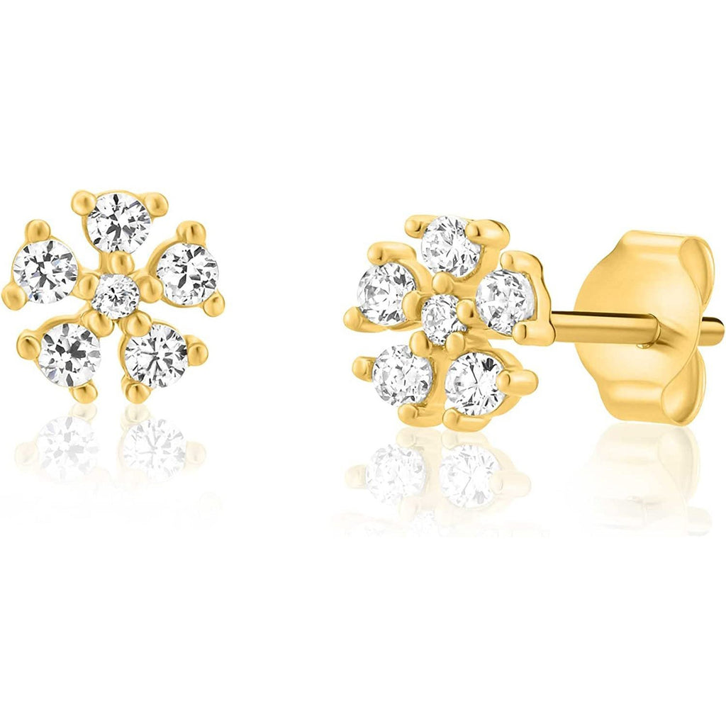 14k Yellow Gold Mini Flower Star Stud Earrings Cubic Zirconia CZ Stones, Classy Dainty Studs