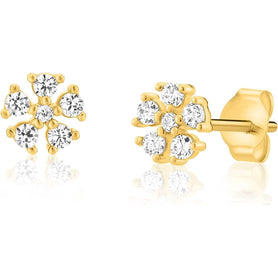 14k Yellow Gold Mini Flower Star Stud Earrings Cubic Zirconia CZ Stones, Classy Dainty Studs