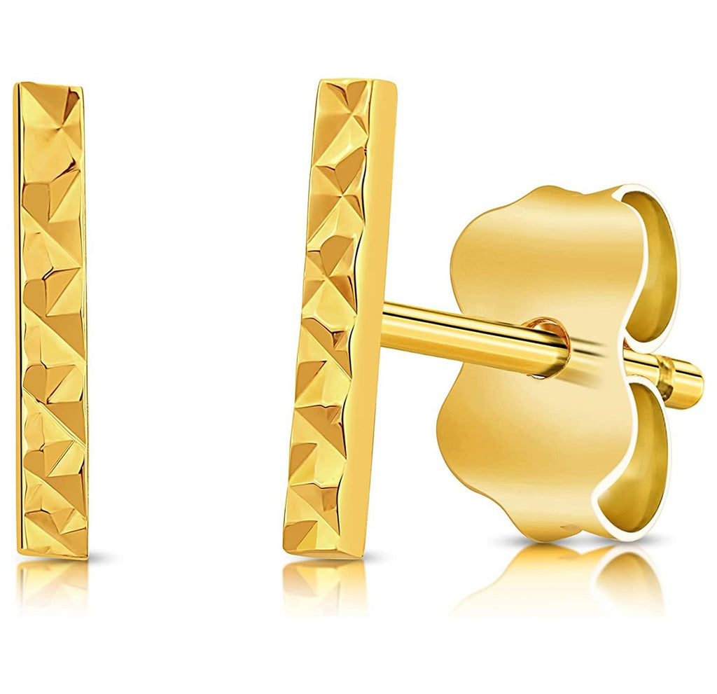 Solid 14K Yellow Gold Textured Hammered Minimalist Mini 8MM Line Bar Stud Earrings