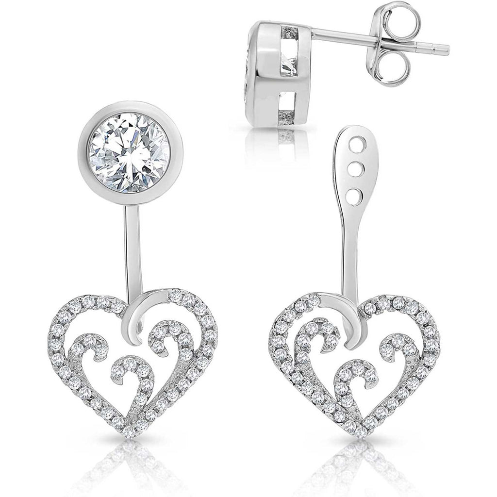 Sterling Silver Front and Back Open Heart Stud Earrings with Cubic Zirconia