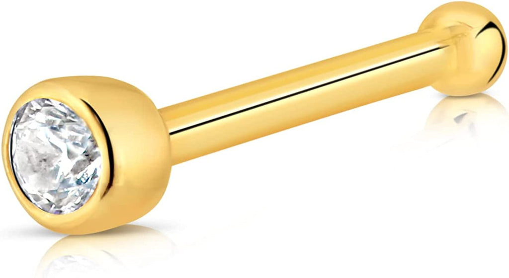 Tiny Genuine Solid 14K Yellow Gold Bezel Nose Stud With Cubic Zirconia Stone Ball End Stud