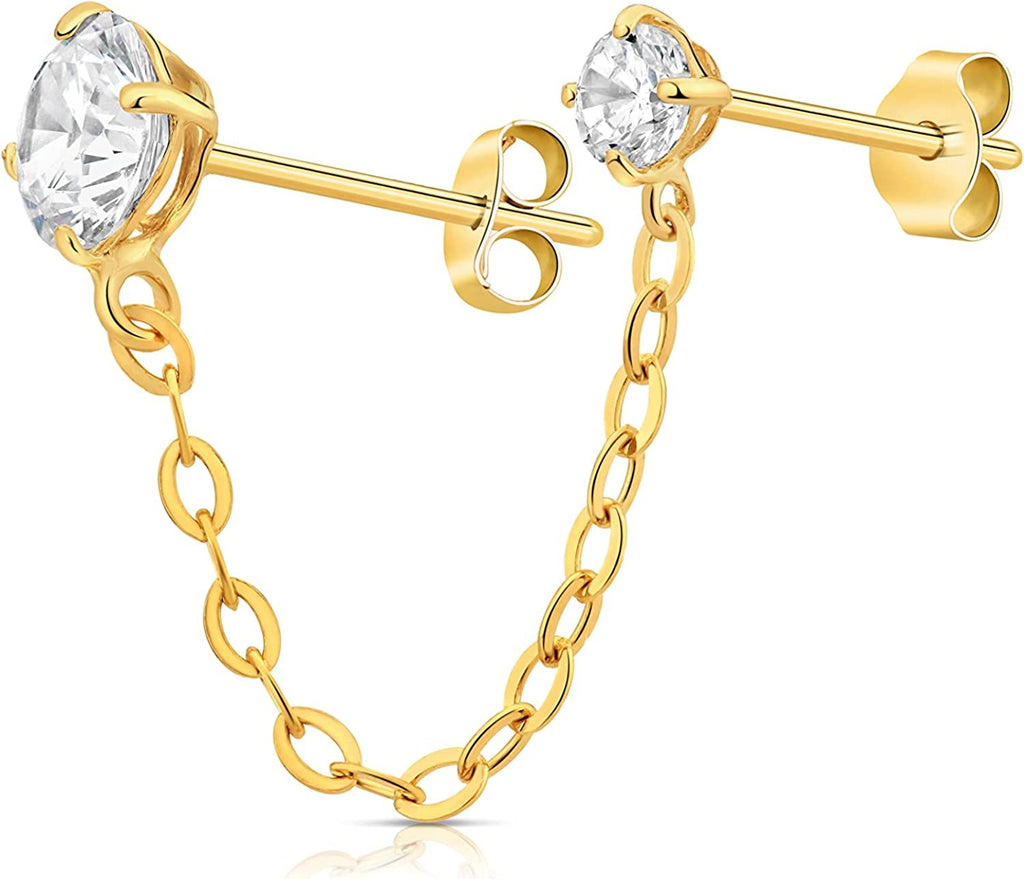 Solid 14K Yellow Gold Double Piercing Threader Chain Stud Earrings Solitaire Cubic Zirconia Double Stud Earrings With Dangling Chain