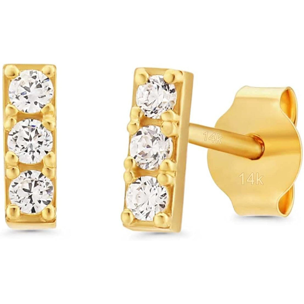 14k Yellow Gold Three Stone Cubic Zirconia CZ Stud Earrings