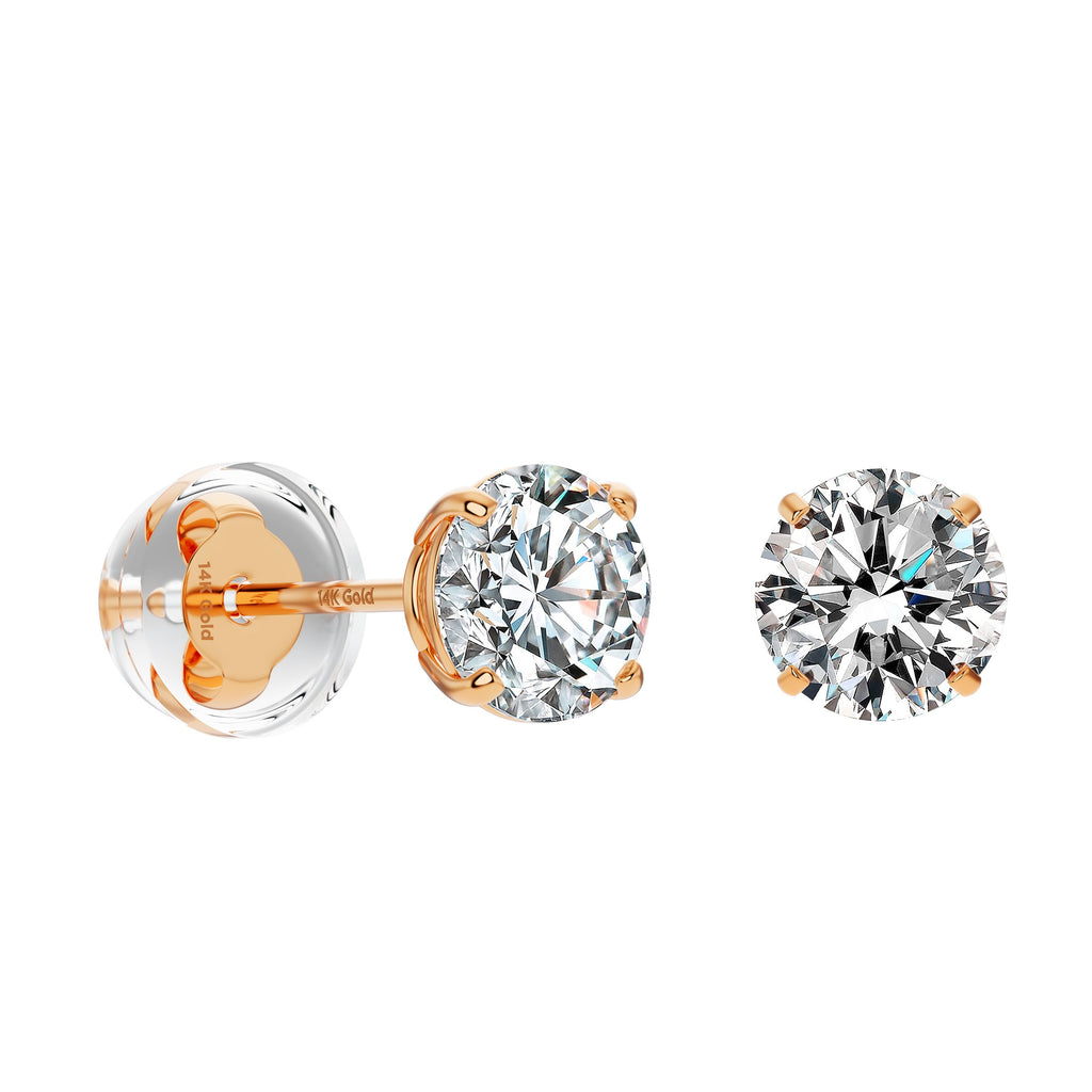 Solid 14k Rose Gold Solitaire Round Cubic Zirconia CZ Stud Earrings with Gold butterfly Comfort Silicone Pushbacks