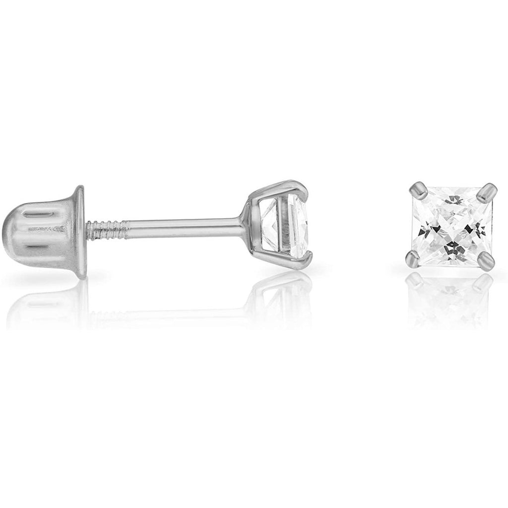 Solid 14k White Gold Solitaire Square Princess-cut CZ Stud Earrings with Secure Screw-backs