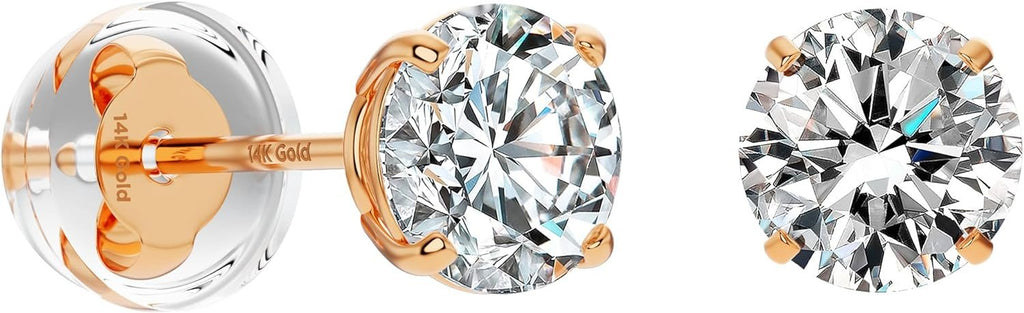 Real Solid 14k Rose Gold Solitaire Round Cubic Zirconia CZ Stud Earrings