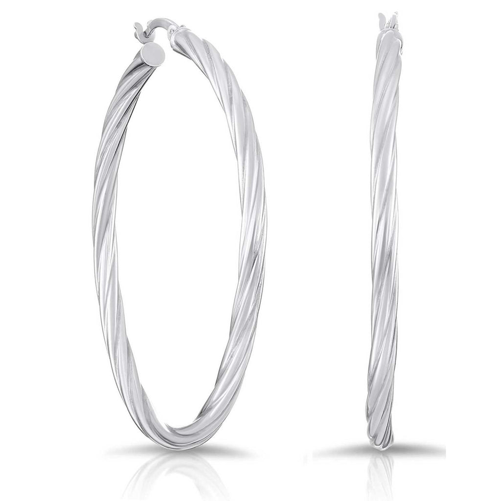Sterling Silver Polished and Twisted Round Hoop Earrings (2 Inch Diameter)