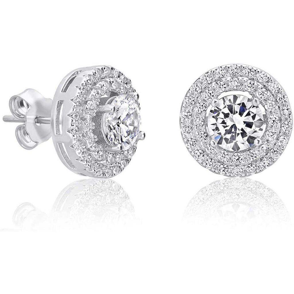 Sterling Silver Cubic Zirconia Round CZ Double Halo Stud Earrings