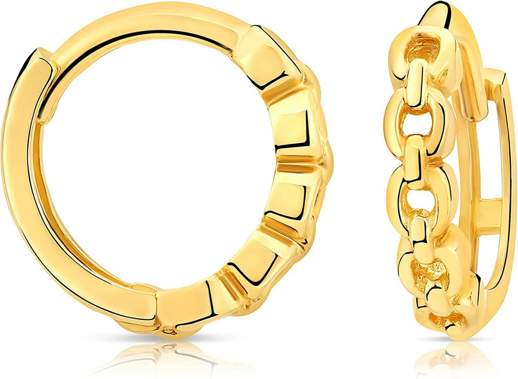Solid 14k Yellow Gold Small Tiny Curb Chain Twisted Chain Filigree Link Huggie Hoop Earrings, 10mm