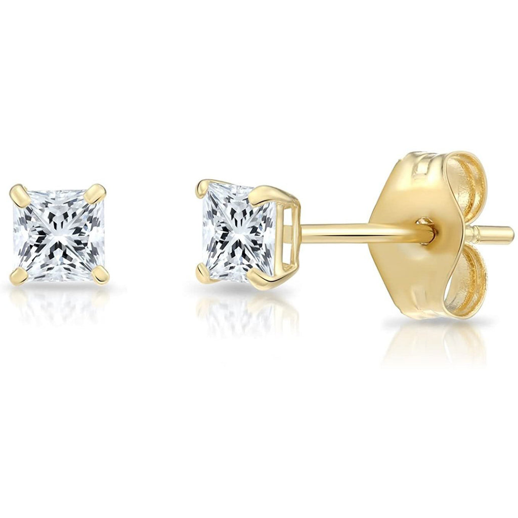 Solid 14k Yellow Gold Square Solitaire Cubic Zirconia Princess-cut Unisex Stud Earrings