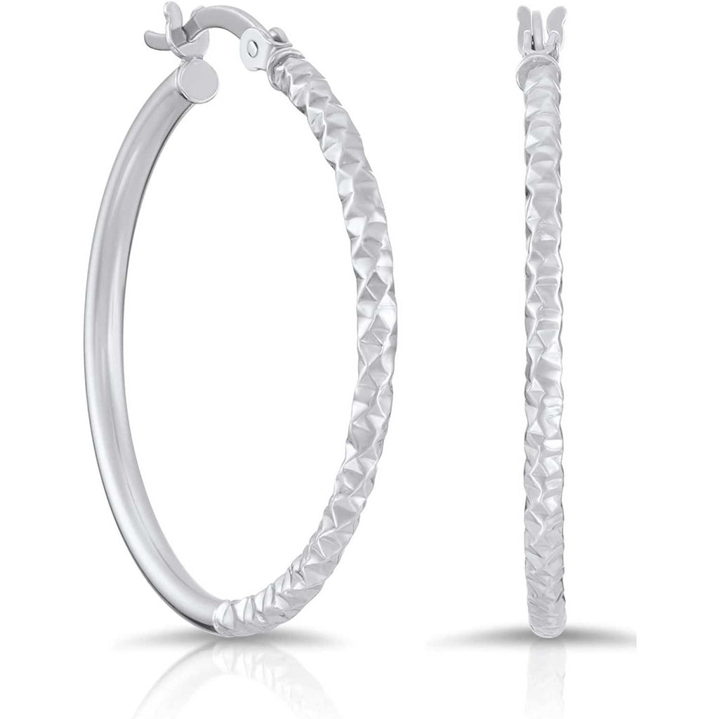 Sterling Silver Polished and Textured Round Hoop Earrings (1.2 Inch Diameter)