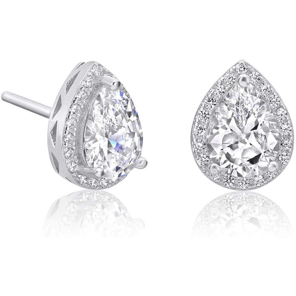 Sterling Silver Halo Pear-Shaped Teardrop Stud Earrings with Cubic Zirconia