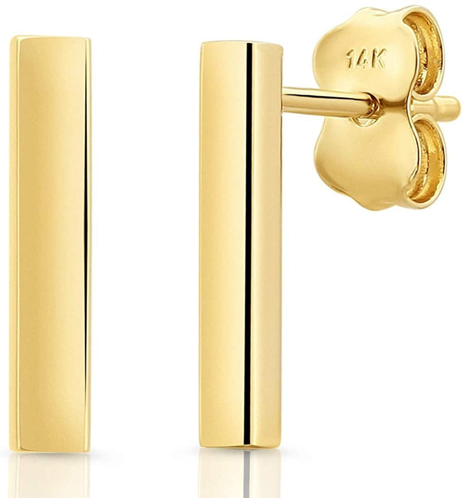 14k Yellow Gold Bar Earrings Polished Stud 12.5mm Line Stick Minimalist Earrings