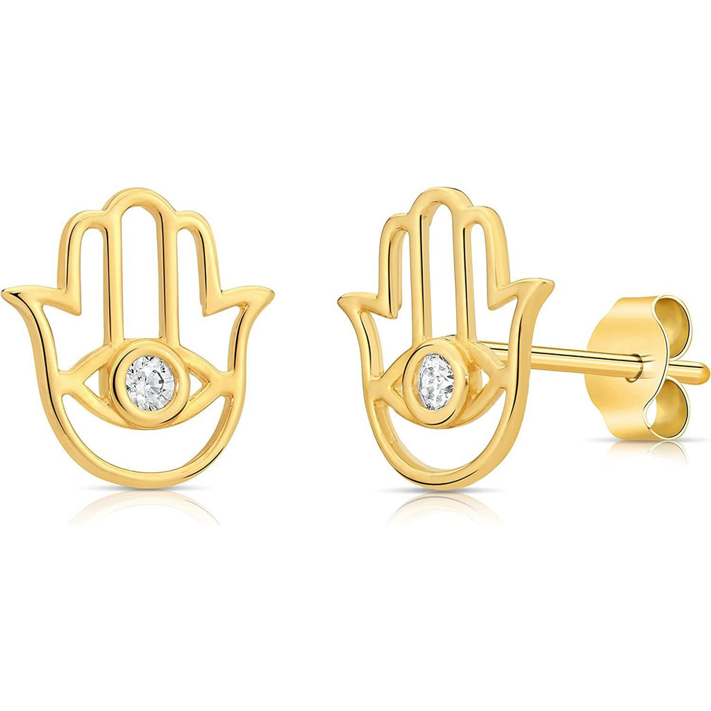 14K Yellow Gold Hamsa Evil Eye Tiny Dainty Stud Earring Chamsa with Cubic Zirconia Stone for Women and Girls